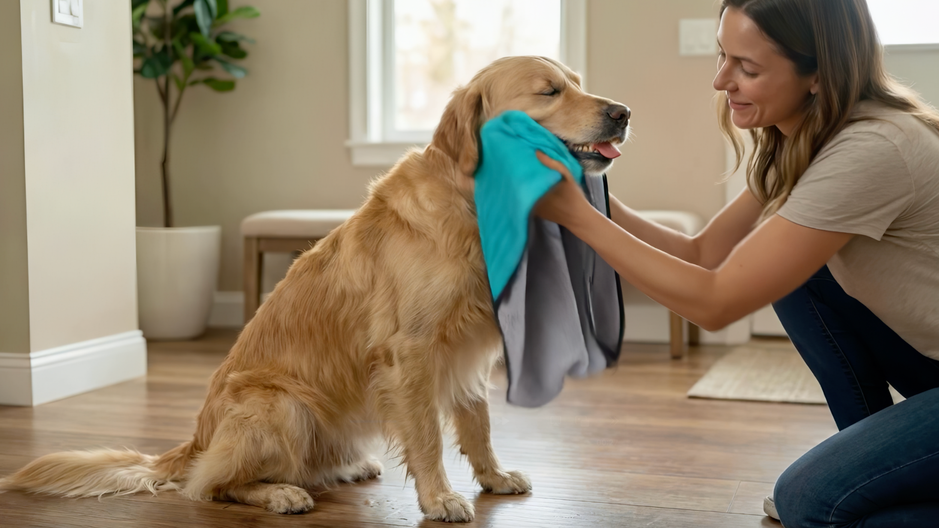 Woman drying wet golden retriever with absorbent dog towel after a walk to clean muddy paws indoors